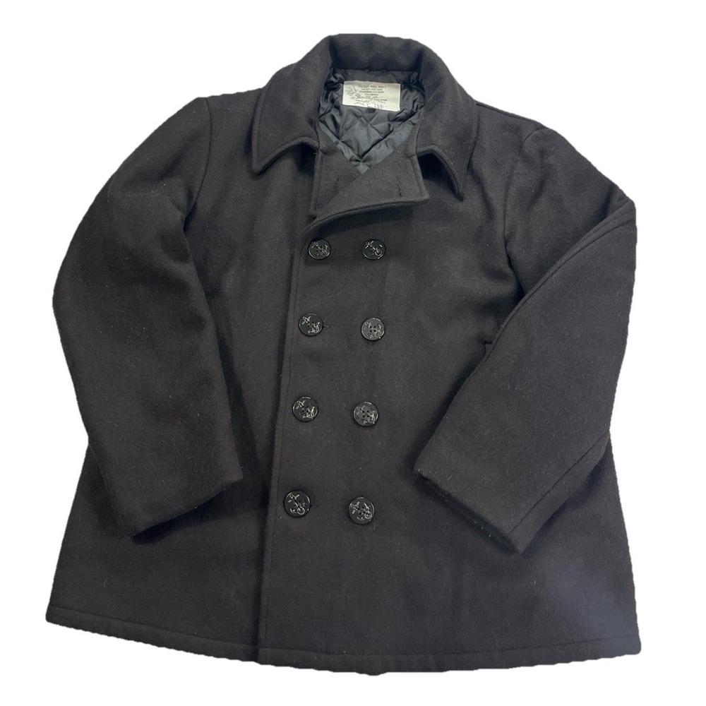 Vtg US Navy Men 48R Peacoat 70s Solid Heavy Wool Anchor Buttons Dark Academia